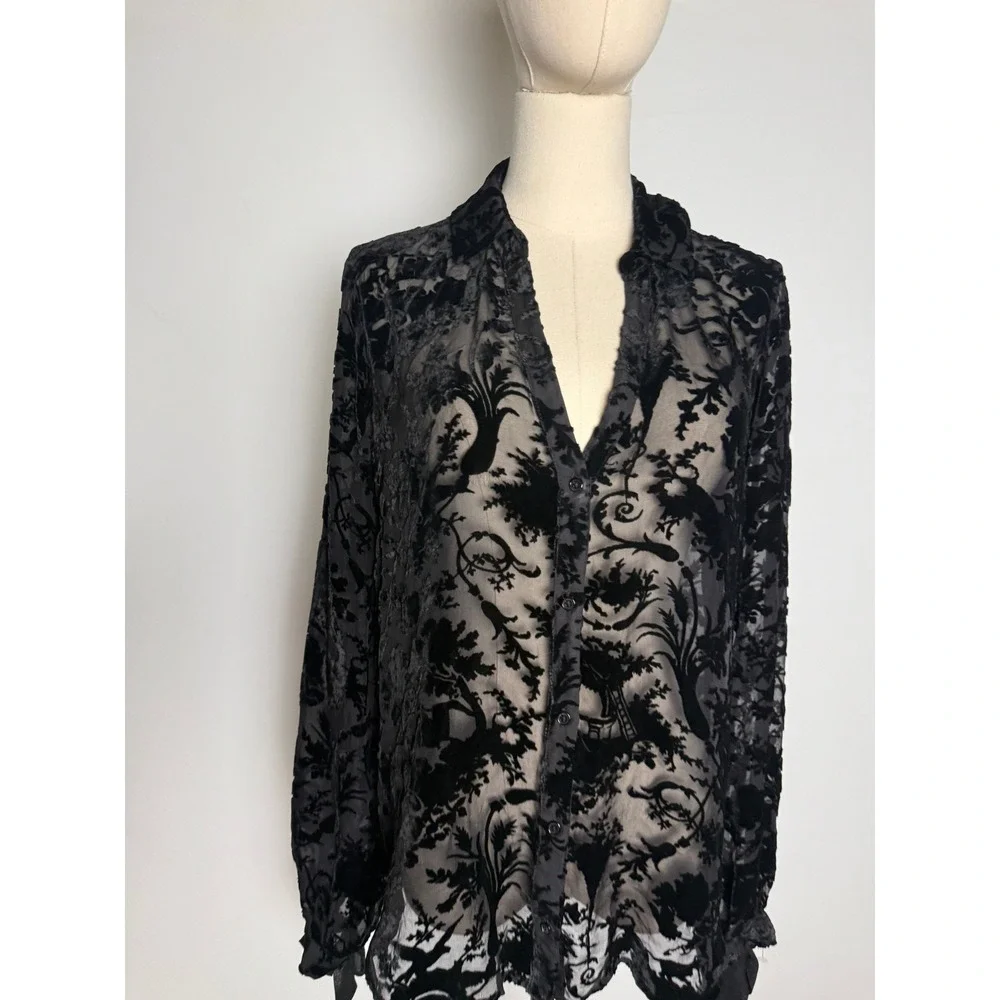 PAIGE Black Burnout Velvet Devore Floral Sheer Button Down Blouse Tie Cuff M